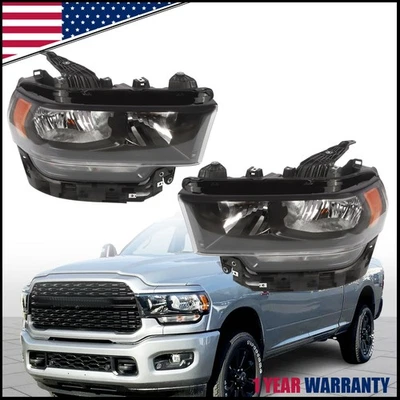 For 2019-2024 Ram 2500 3500 Halogen Model Headlights Headlamps Left+Right Black - Image 1 of 4