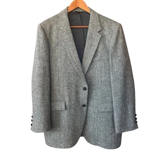 Vtg Harris Tweed Herringbone Wool Jacket Sport Coat Blazer Blue Gray 44 R - Picture 1 of 7
