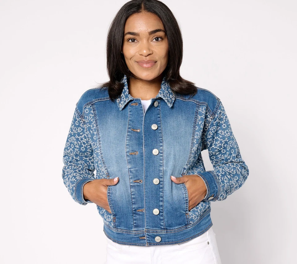 LOGO by Lori Goldstein Lab Denim Jacket with Eyelet Embroidery Medium Wash 4 New - Image 1 of 1