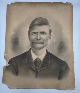 Antique Portrait Photo Print Hand Drawn Accents Man w/ Mustache 20"x16" Wall Art - Picture 1 of 24