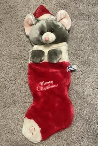 Vintage Mouse Plush Merry Christmas Embroidered Stocking Red & White 24 In - Picture 1 of 4