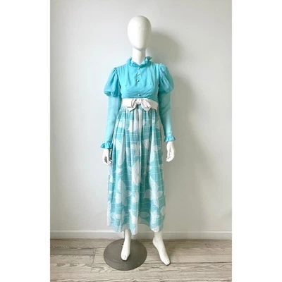 1970s Jumpsuit / 70s Blue Leg of Mutton Sleeve Wide Leg Jumpsuit / Extra Small - Image 1 of 4