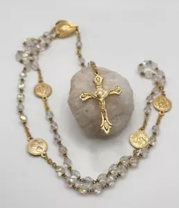 Aurora Kristall Perlen Rosenkranz mit goldfarbenem Kruzifix Hl. Bernadette Lourdes Italien - Bild 1 von 15