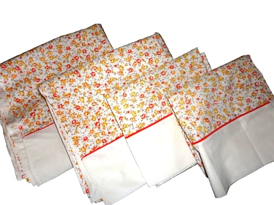 VINTAGE SPRINGMAID ORANGE YELLOW TAN MINI FLORAL (4P) TWIN FLAT SHEETS & P/CASES - Image 1 of 4
