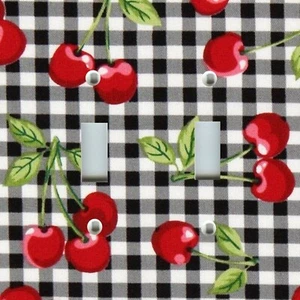 Light Switch Plate Cover KITCHEN HOME DECOR ~ RED CHERRIES ON BLACK WHITE CHECKS - Picture 1 of 26