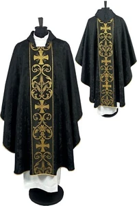 BLACK CHASUBLE Gothic style vestment, woven orphrey belts - Picture 1 of 3