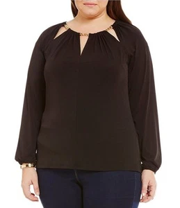 NUEVO CON ETIQUETAS $94 - MICHAEL KORS Cadena Cuello Cortado Mate Camiseta Prenda para el torso campesino, Negra, MÁS 2X - Imagen 1 de 1
