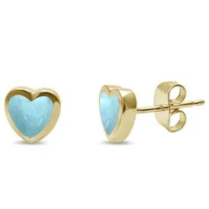 Yellow Gold Plated Natural Larimar Heart Shape Stud .925 Sterling Silver Earring - Picture 1 of 2