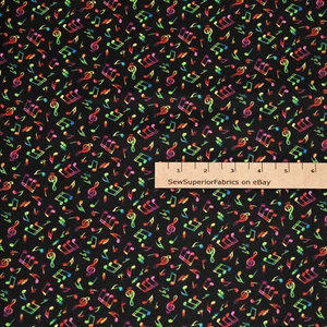 Musical Notes Music Theme on Black Cotton Fabric 1/2 Yard #295E-MLT - Picture 1 of 2