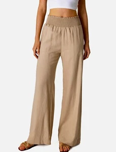 Love Tree Womens Khaki Smocked Waist Wide-Leg Linen Blend Palazzo Pants - Picture 1 of 7