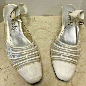 Amanda Women's Cancun White Slingback Sandal Heels Clear Buckle Size 7 1/2 WW - Picture 1 of 8