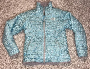 The North Face Girls Mossbud Swirl Reversible Jacket Sz S 7/8 Aqua Gray Snow Ski - Picture 1 of 9