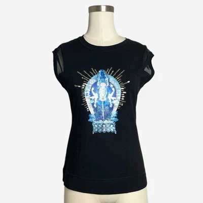 Tanque vintage Y2K Vivienne Tam etiqueta negra gráfico budista lentejuelas malla negra S Foto 1 de 4