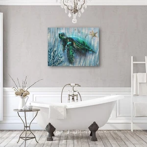 Bathroom Decor Blue Wall Art Canvas Green Sea Turtle Teal Submarine Picture, ... - Picture 1 of 8