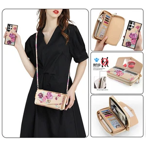 2in1 Detachable Crossbody Flower Leather Wallet Case + Magnetic Cover fr Samsung - Picture 1 of 29