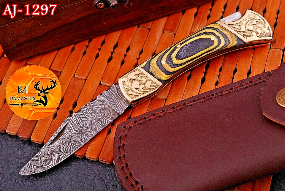 BUCK Damascus Steel TACTICAL Folding blade Pocket Knife Back Lock Survival edc 1297