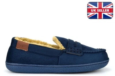 Boys Moccasin Slippers Boys Slippers Warm Comfy Faux Fur Lined Suede Navy Size - Image 1 of 4