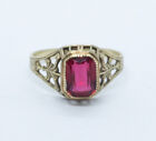Charming Antique Victorian 14K Yellow Gold Sythetic Ruby Filligree Ring Size 5