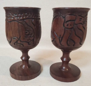 Vintage Hand Carved Wood Elephant / Rhino  Goblet Glasses - Set of 2 - Picture 1 of 7