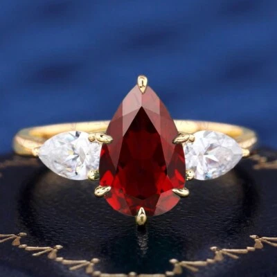 5.50Ct Pear Cut Natural Ruby & Diamond 100% 14k SOLID Yellow Gold Wedding Ring - Image 1 of 4