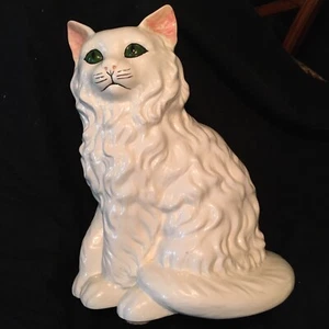 Vintage White Persian Ceramic Cat Green large 12”Retro Cottage Core - Picture 1 of 15