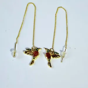 Gold Plated Red Rhinestone Humming Bird Pull Through Earrings - Picture 1 of 2