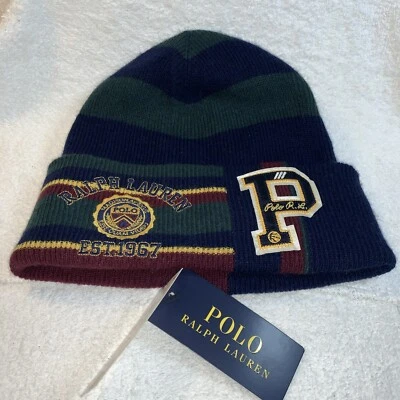 POLO-RALPH LAUREN Rugby Stripe Cuffed Knit Wool Beanie P-Wing Patches Unisex NWT - Image 1 of 4