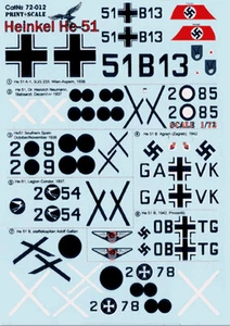 Print Scale 72-012 - 1/72 Decal For Heinkel He-51, Aircraft - Picture 1 of 12