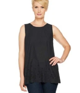 LOGO Lori Goldstein Tank Top Eyelet Lace Hem Sleeveless Navy 18W Casual Quiet - Picture 1 of 11