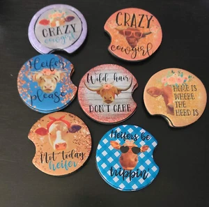Super Cute! Cow Heifer Country Neoprene Car Coasters Set of 2! - Foto 1 di 8