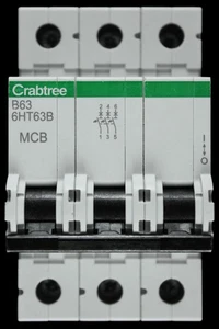 CRABTREE 63 AMP CURVE B 10kA TRIPLE POLE MCB CIRCUIT BREAKER 6HT63B LOADSTAR - Picture 1 of 6