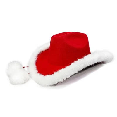 Christmas Red Cowboy Hat With White Plush Trim For Party Holiday Photo Props - Image 1 of 4