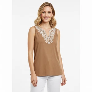 J Jill bestickte Tunika Gr. Small braun weiß ärmellos Boho klassisch Capsule - Bild 1 von 4