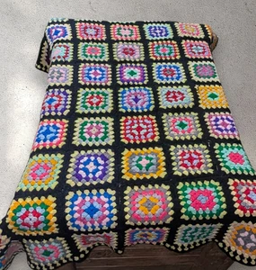 Handmade Crochet Granny Square Afghan Roseanne Blanket 54x44 Throw Retro 70s - Picture 1 of 3