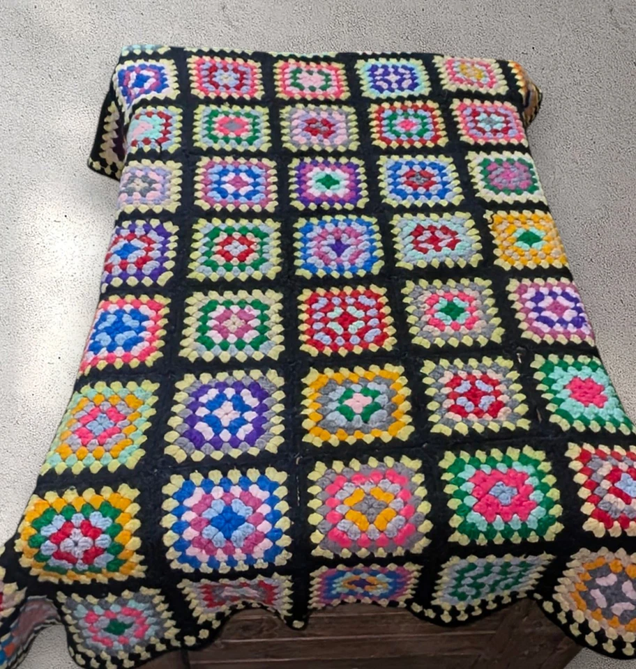 Handmade Crochet Granny Square Afghan Roseanne Blanket 54x44 Throw Retro 70s - Image 1 of 3