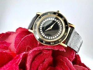 Vintage Lassale Woman's Watch 4N00-0469 Gold Tone Crystal Face Blk Leather Band - Picture 1 of 9
