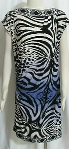 NEW Womens Ladies MAGGY LONDON Black Ivory & Blue Multi Print Stretchy Dress 12 - Picture 1 of 4