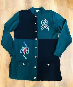 Vintage Doncaster Women Green Black Sweater Cardigan Wool Blend Embroidered M - Picture 1 of 11