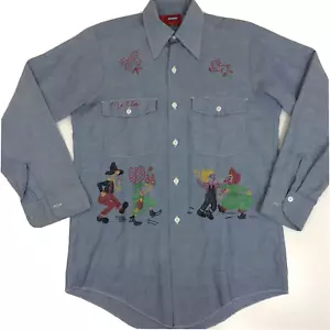 DICKIES Vtg 40 50's Men CHAMBRAY Hand Painted AMERICANA HILLBILLIES ART Shirt M - Picture 1 of 10