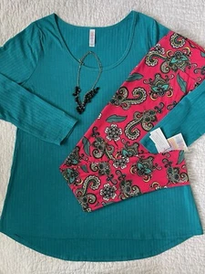 Lularoe Outfit Lynnae Top Large einfarbig türkis türkis türkis & TC koralle Blumen Leggings - Bild 1 von 4