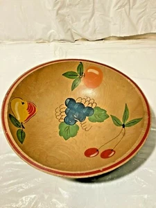 Vtg Wooden SALAD Bowl 10" Hand Turned FRUIT Painted PEAR Peach CHERRIES Grapes - Picture 1 of 7