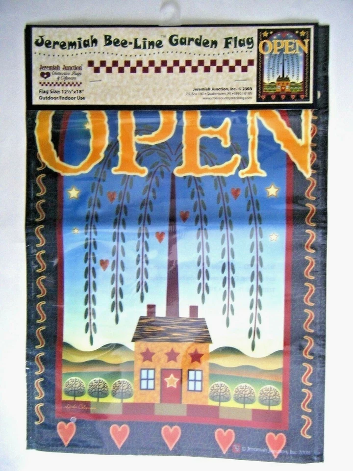 Letrero abierto Jeremiah Junction línea de abejas arte primitivo país bandera de jardín 12,5 x 18 Foto 1 de 1