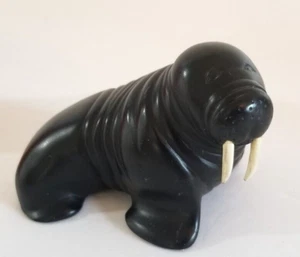 Vintage WALRUS Figurine Black Resin with Tusks 4 inch - Picture 1 of 10