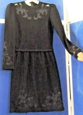 VESTIDO VINTAGE 1960 Couture ADOLFO negro con patrón transparente ribete y cuentas mezcla de lana  Foto 1 de 4