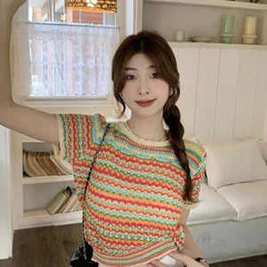 Retro Stripe Hollow Out Knitted T-shirt Women Round Neck Short Sleeve Loose Top - Picture 1 of 12