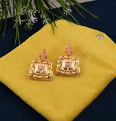 SI/H Diamond Coral Gemstone Dangle Earrings 14k Yellow Solid Gold 5.42 Tcw - Image 1 of 4