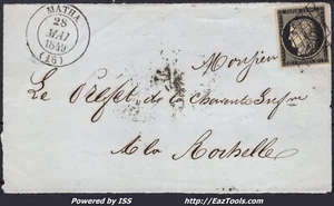FRANCE CERES 20c N°3 SUR FRAGMENT GRILLE + CAD TYPE 14 MATHA DU 28/05/1849 - Picture 1 of 2