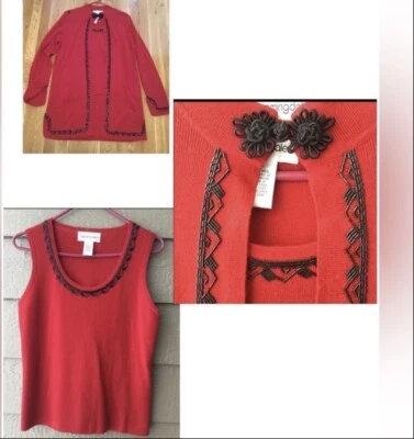 De colecciónBloomingdale’s Conjunto de 2 piezas Mujer Rojo Top y Cárdigan Suéter Lana con Lentejuelas Foto 1 de 4
