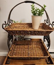 2 Tier Metal & Wicker Stand, Serving Trays Carrying Handle. 