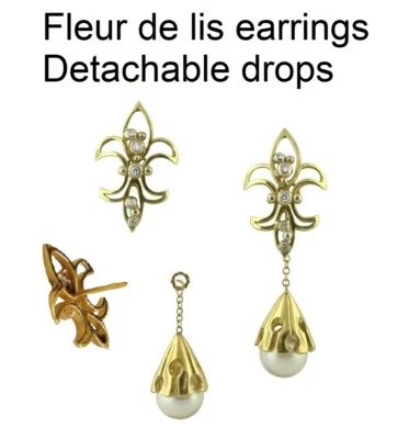 New: Fleur de Lis Earrings-Diamonds-18K Gold or Sterling Silver-Detachable Drops - Image 1 of 4
